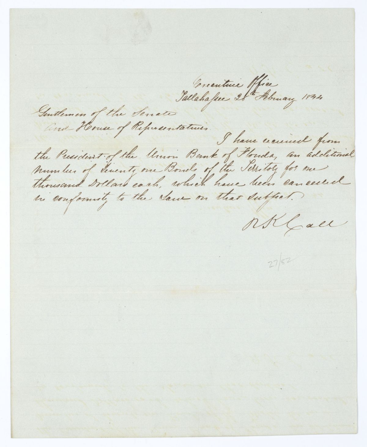 Letter from Governor Richard Keith Call to the Territorial Legislative Council Regarding Bonds from the Union Bank of Florida, 1844