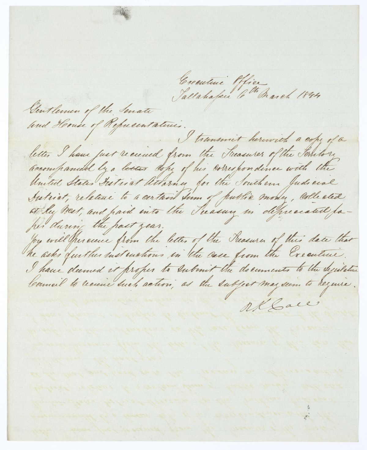 Letter from Governor Richard Keith Call to the Territorial Legislative Council Regarding a Letter from the Territorial Treasurer, 1844