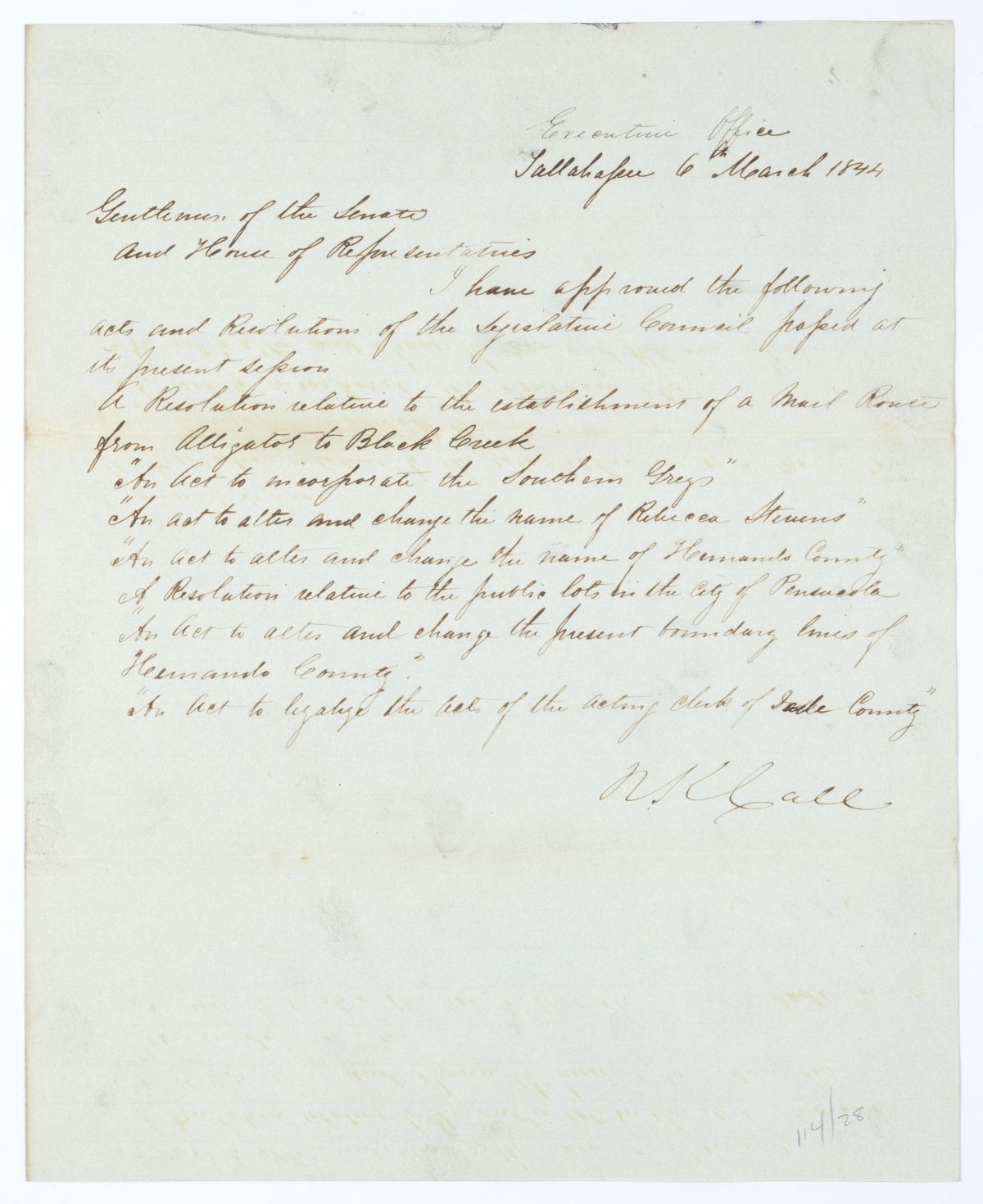 Letter from Governor Richard Keith Call to the Territorial Legislative Council Regarding Approved Legislation, 1844