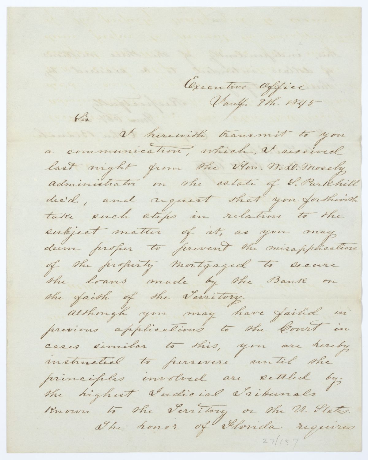 Letter from Governor John Branch to C. S. Sibley Regarding a Legal Matter Involving Loans Made on the Faith of the Territory, 1845