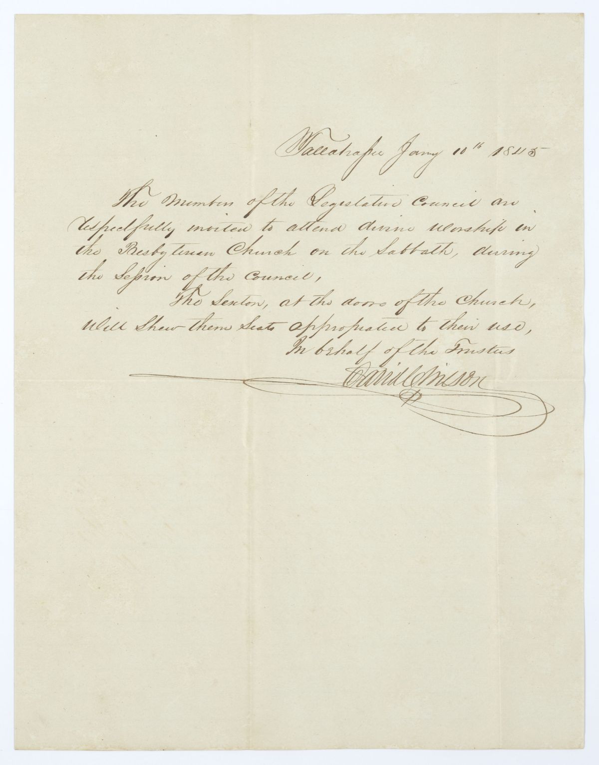 Letter from the Presbyterian Church of Tallahassee to the Territorial Legislative Council Inviting Members to Worship, 1845