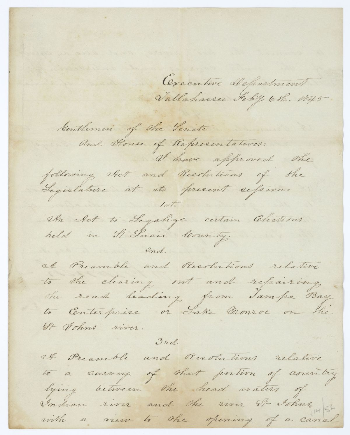 Letter from Governor John Branch to the Territorial Legislative Council Regarding Approved Legislation, 1845