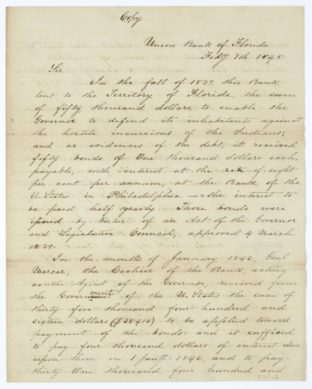 Letter from the Union Bank of Florida to Governor John Branch Regarding a Loan to the Territory, 1845