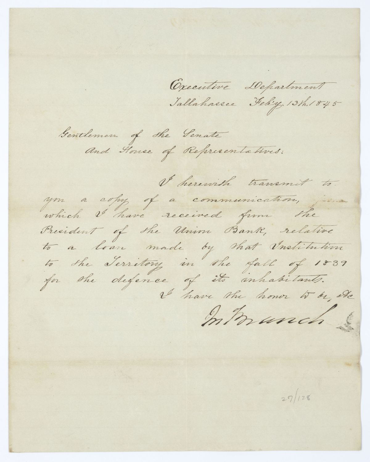 Letter from Governor John Branch to the Territorial Legislative Council Regarding a Letter from the President of the Union Bank, 1845