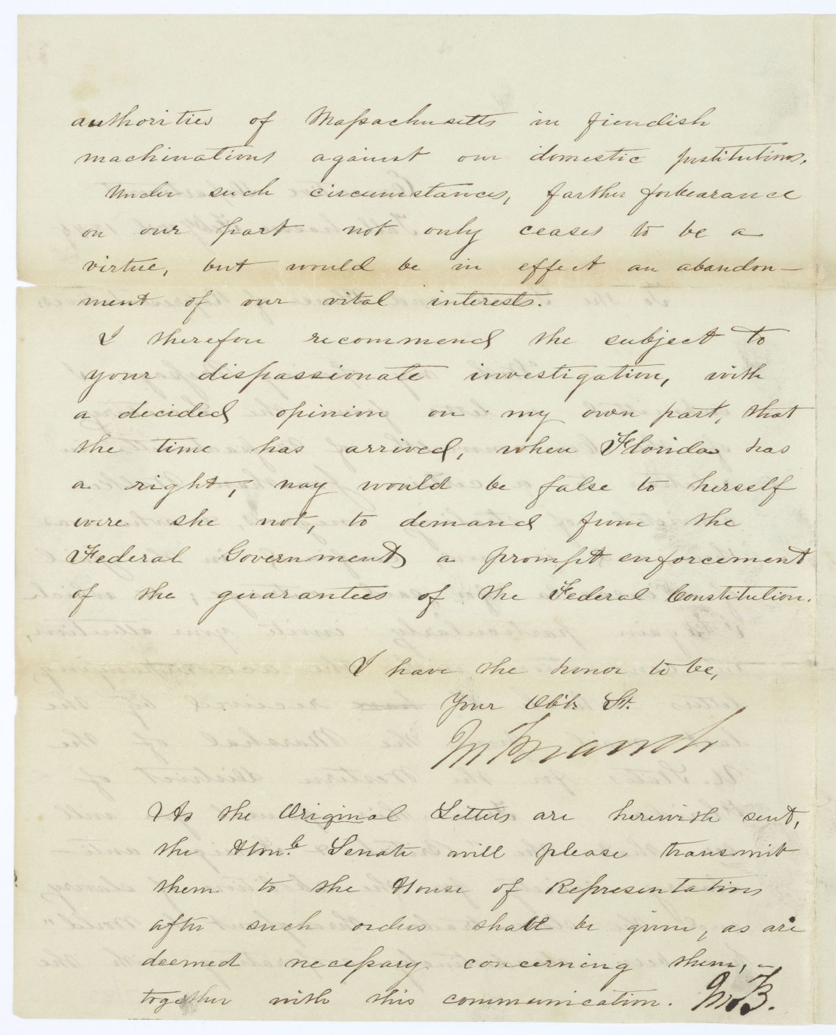 Letter from Governor John Branch to the Territorial Legislative Council Regarding the Case of Jonathan Walker, 1845