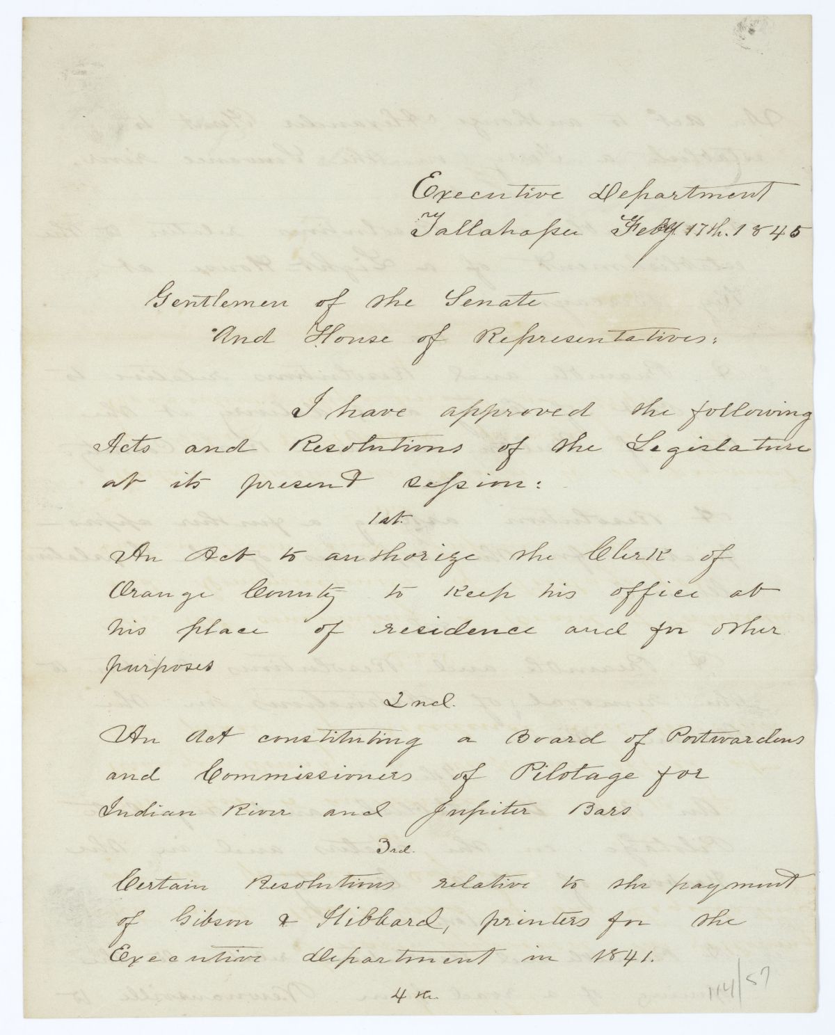 Letter from Governor John Branch to the Territorial Legislative Council Regarding Approved Legislation, 1845