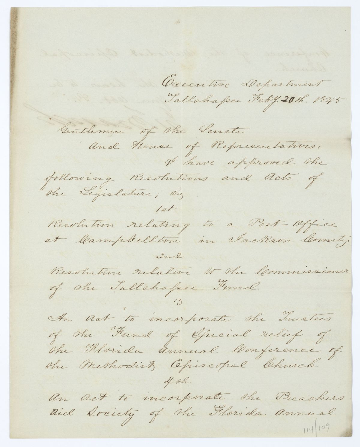 Letter from Governor John Branch to the Territorial Legislative Council Regarding Approved Legislation, 1845