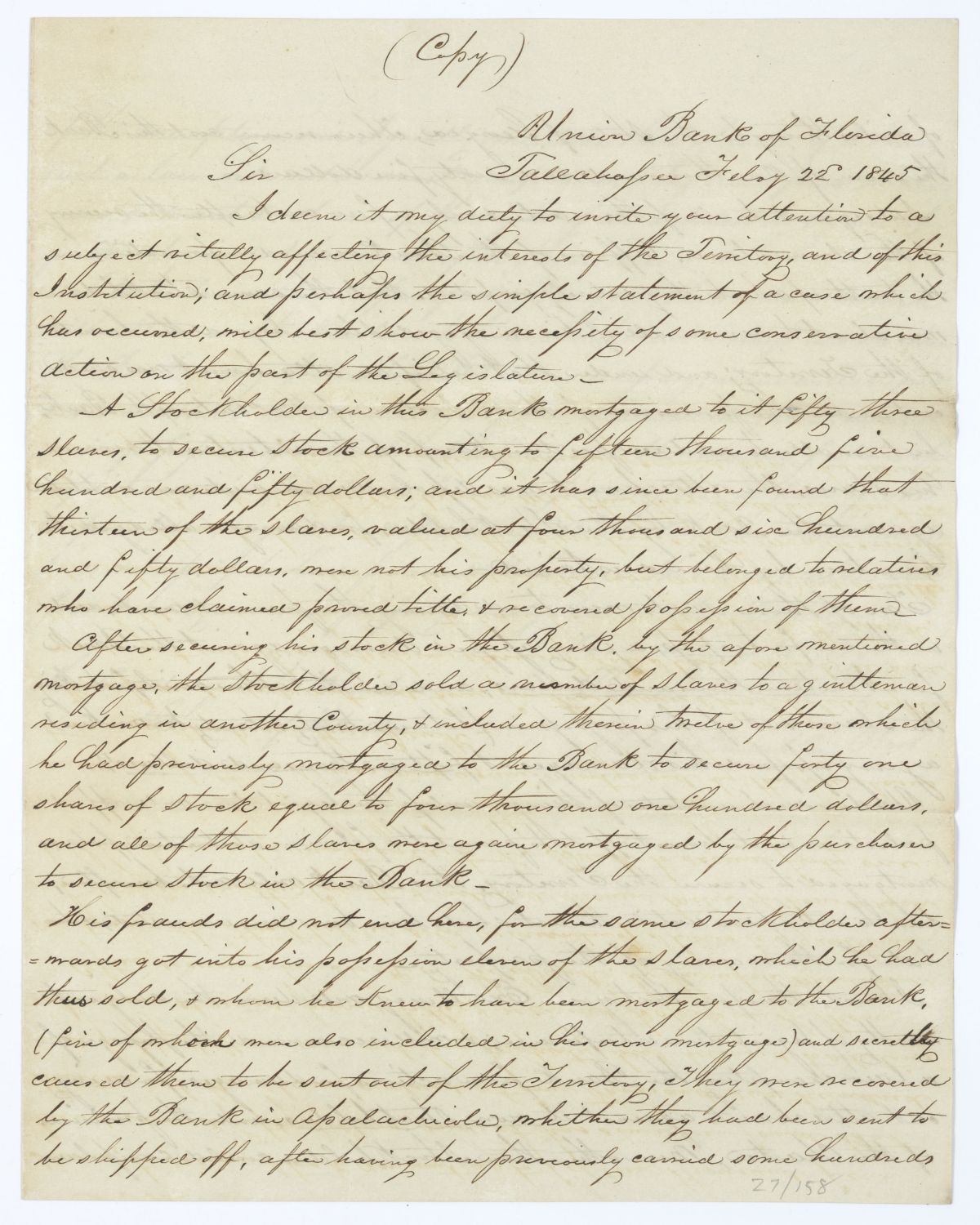 Letter from the President of the Union Bank of Florida to Governor John Branch Regarding a Case of Fraud, 1845