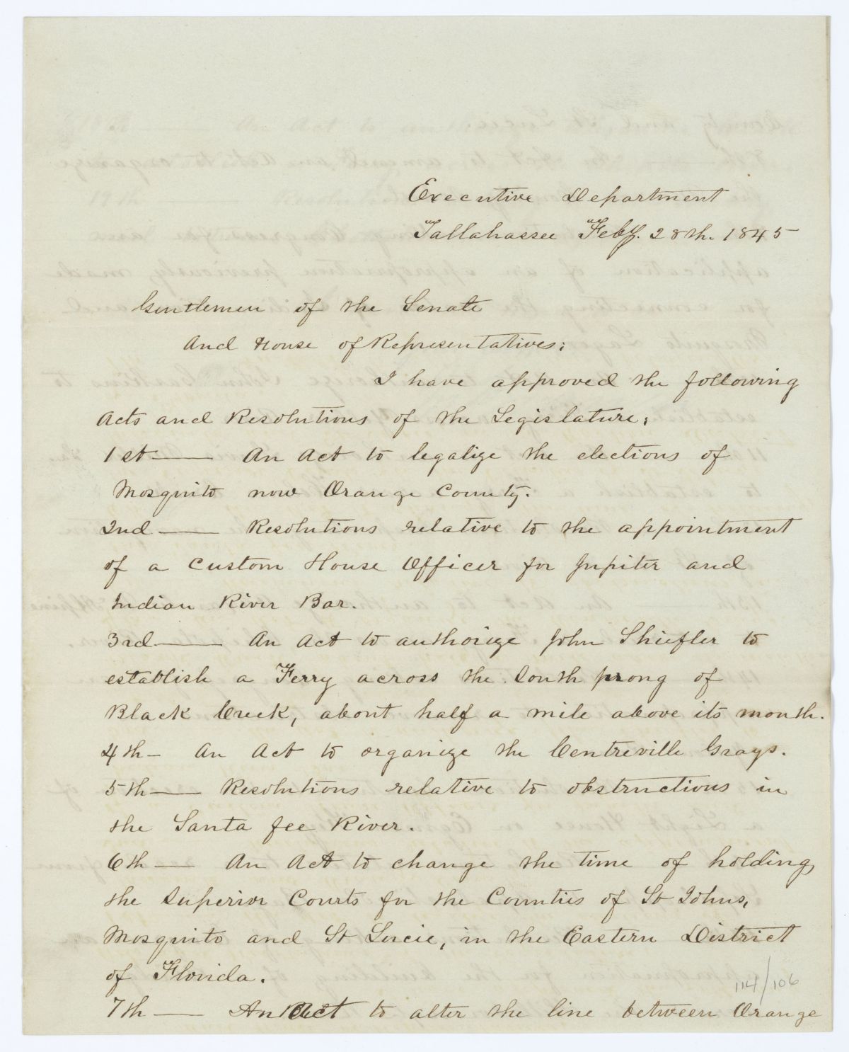 Letter from Governor John Branch to the Territorial Legislative Council Regarding Approved Legislation, 1845