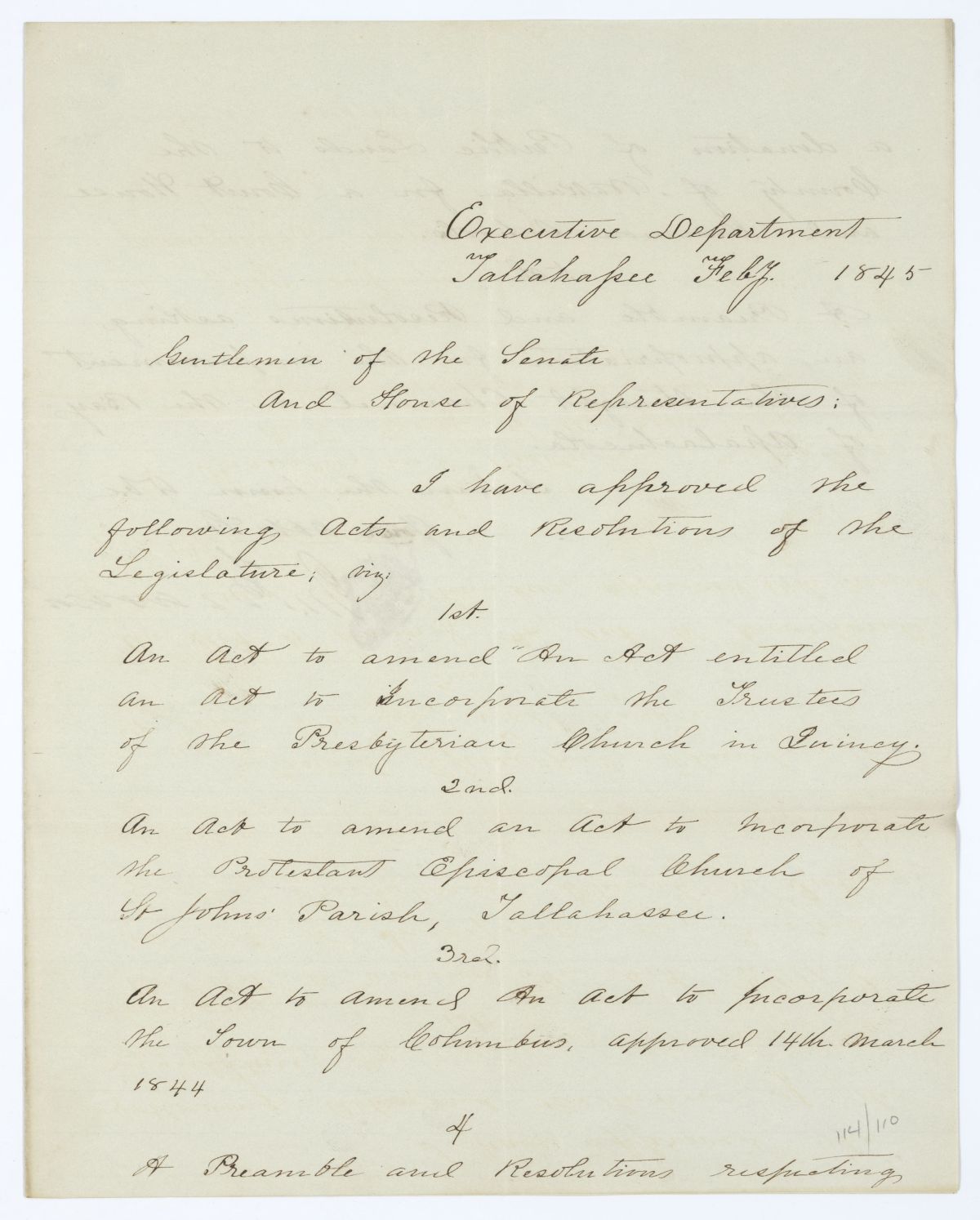 Letter from Governor John Branch to the Territorial Legislative Council Regarding Approved Legislation, 1845