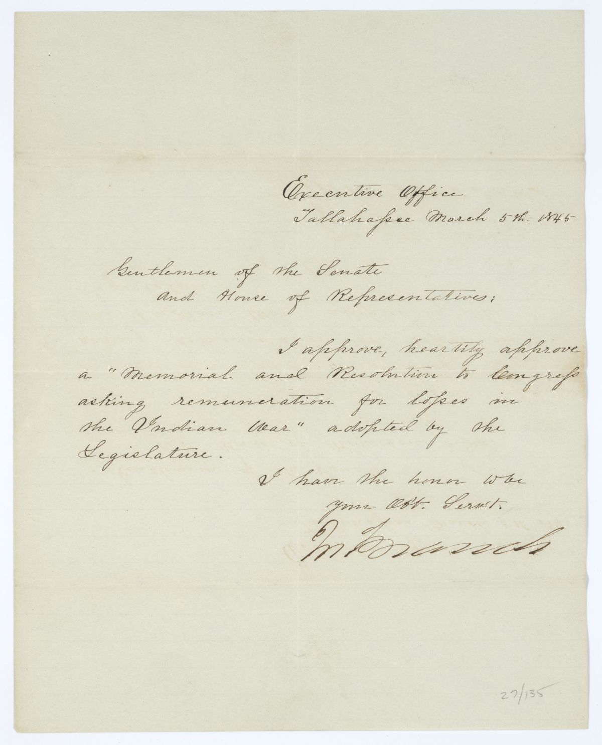 Letter from Governor John Branch to the Territorial Legislative Council Regarding a Memorial to Congress Relative to Seminole War Damages, 1845