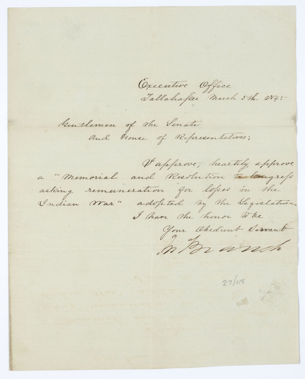 Letter from Governor John Branch to the Territorial Legislative Council Regarding a Memorial to Congress Relative to Seminole War Damages, 1845