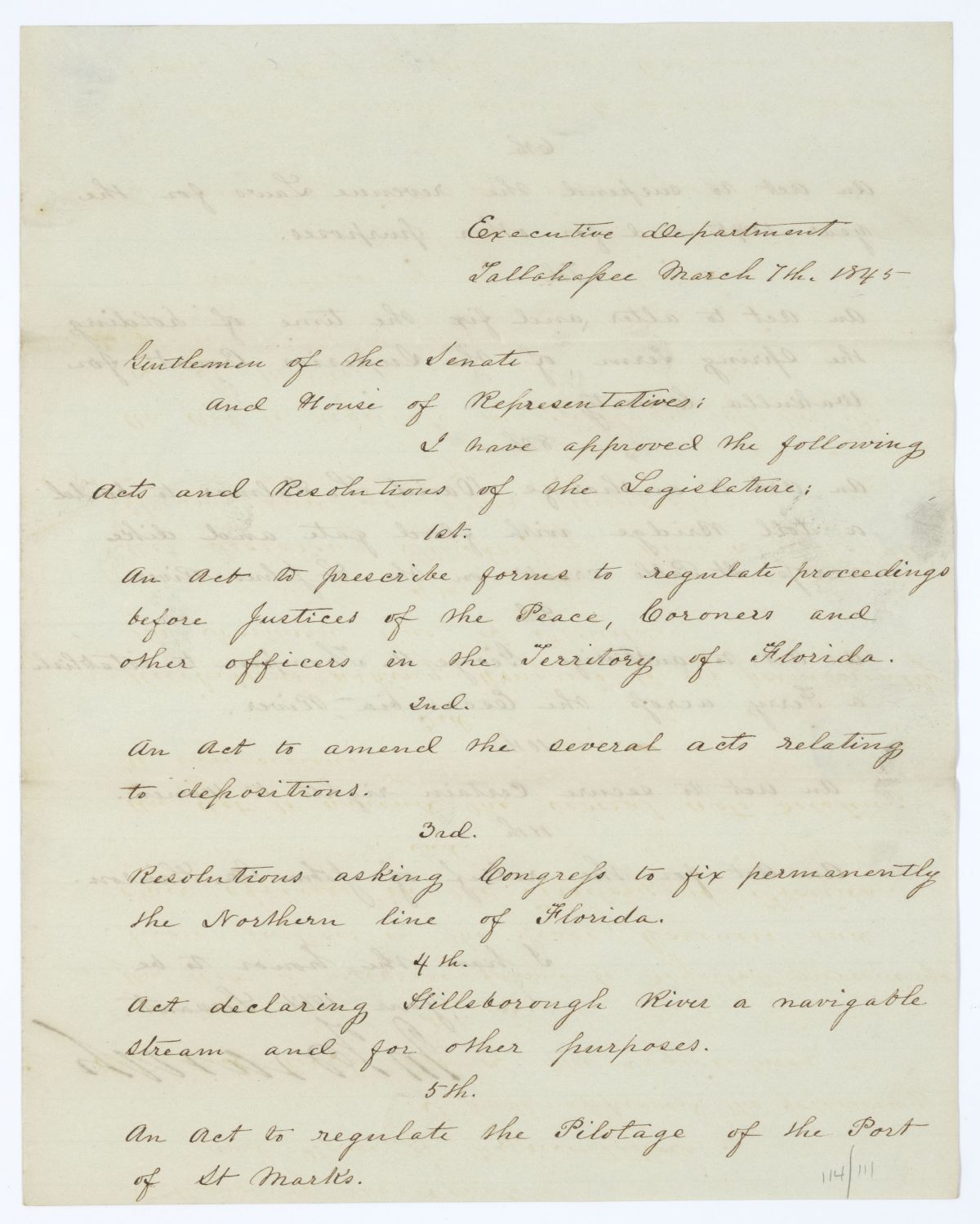 Letter from Governor John Branch to the Territorial Legislative Council Regarding Approved Legislation, 1845