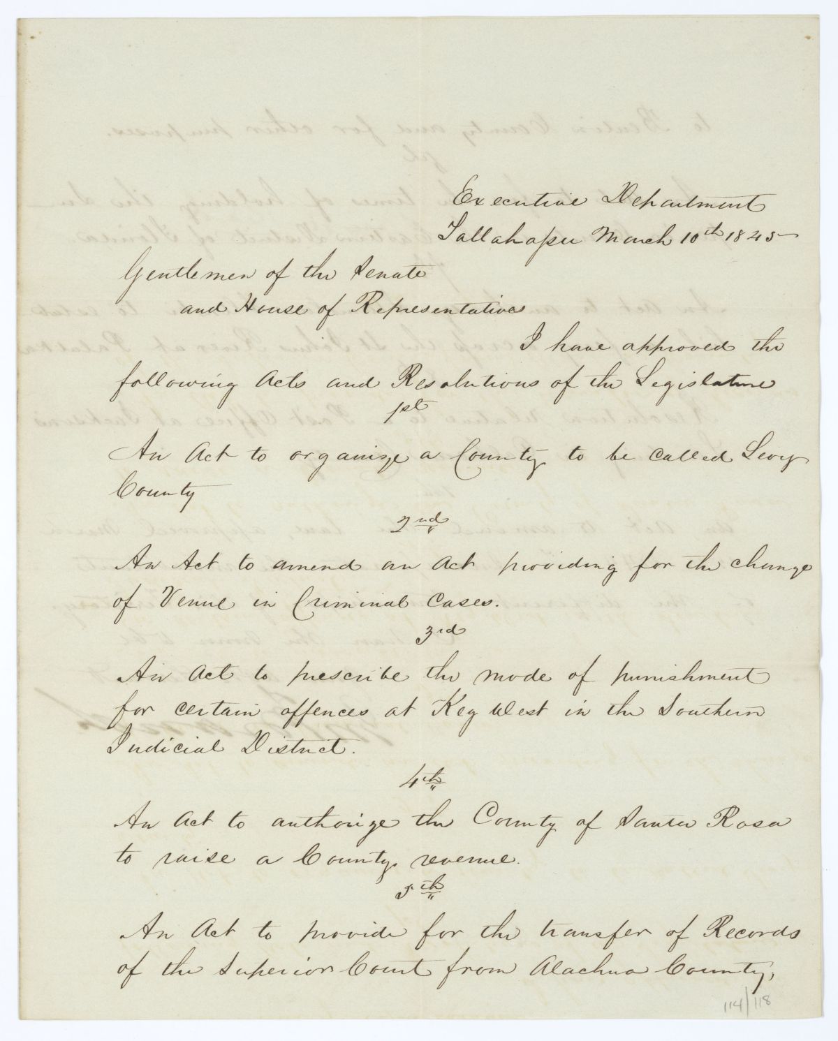 Letter from Governor John Branch to the Territorial Legislative Council Regarding Approved Legislation, 1845