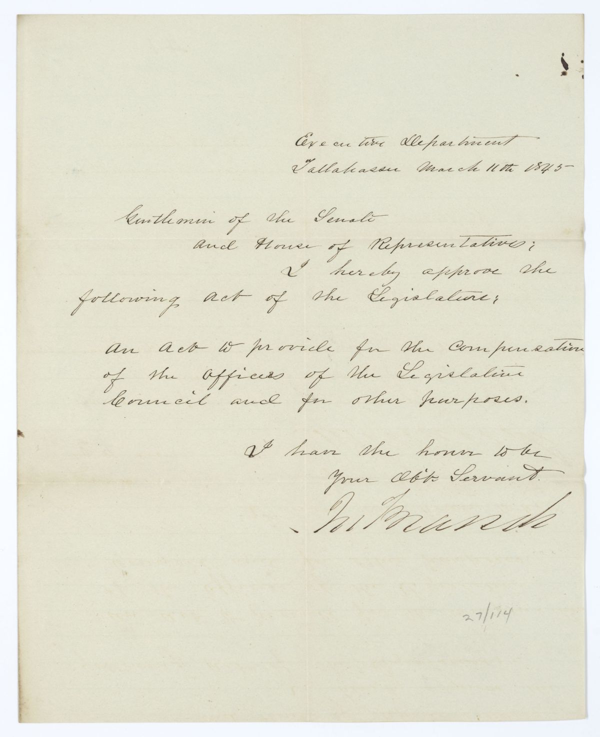 Letter from Governor John Branch to the Territorial Legislative Council Regarding Approved Legislation, 1845