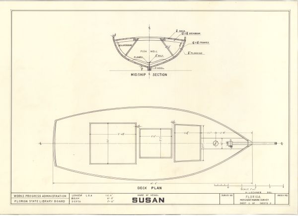 Deck plan of the Susan drafted by Henry Lechner of the Florida Merchant Marine Survey, circa 1938 (Series 2382, State Archives of Florida). Click or tap the image to view a larger version.