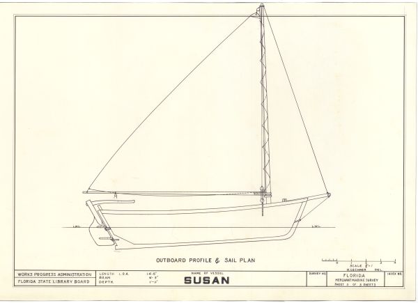 Technical Drawings of the Sloop Susan, ca. 1938 (Series 2382, State Archives of Florida). Click or tap the image to enlarge it.