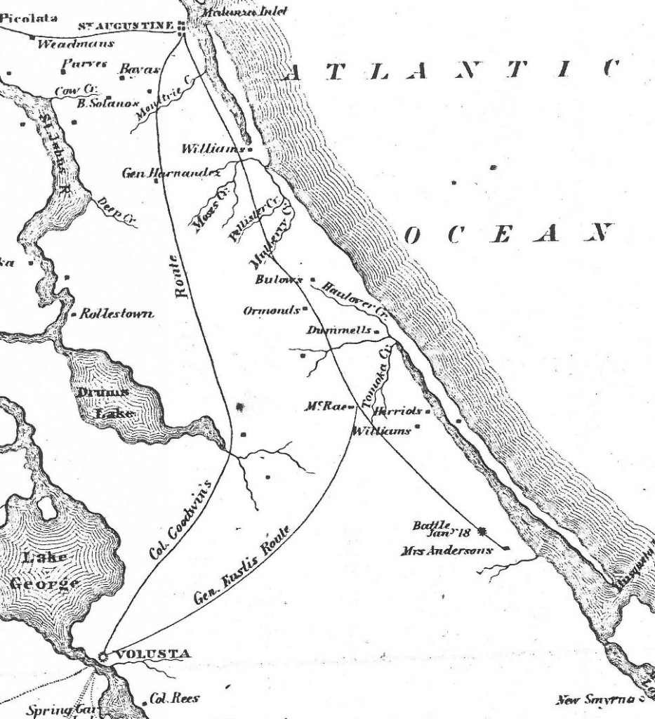 Excerpt of an 1836 map showing areas affected by the Second Seminole War. The Battle of Dunlawton is indicated with the note "Battle Jany 18."