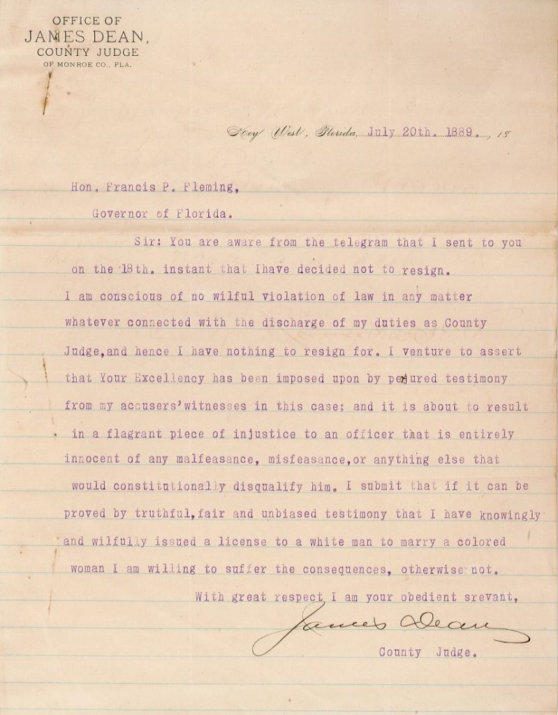 Letter from Judge Dean to Governor Fleming refusing to resign, August 22nd, 1889. [Governor Fleming correspondence, S580, box 9]