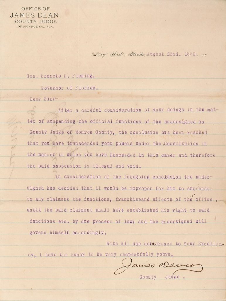 Letter from Judge Dean to Governor Fleming refusing to resign, August 22nd, 1889. [Governor Fleming correspondence, S580, box 9]