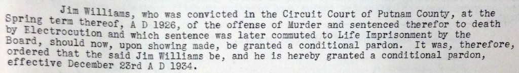 Jim Williams, who was convicted in the Circuit Court of Putnam County, at the Spring term thereog, A D 1926, of the offense of Murder and sentenced therefor to death by Electrocution and which sentence was later commuted to Life Imprisonment by the Board, should now, upon showing made, be granted a conditional pardon. It was, therefore ordered that the said Jim Williams be, and he is hereby granted a conditional pardon, effective December 23rd A D 1934.