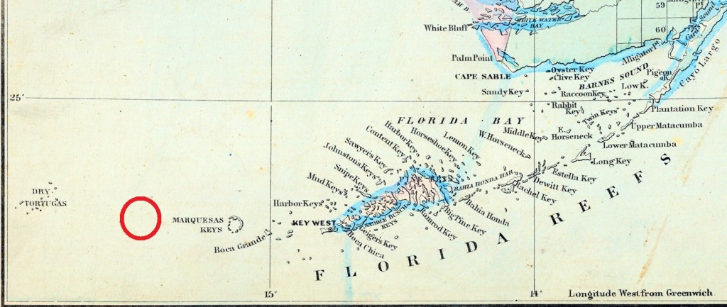 Map showing the approximate location of the wreck of the Spanish galleon Atocha.