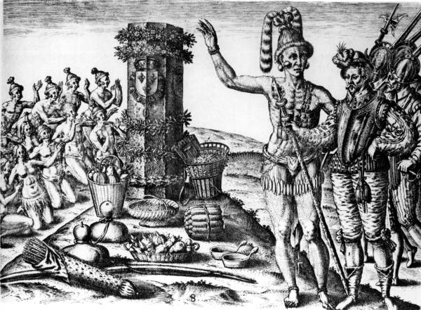 Timucua Indians worshipping at the stone pillar erected by Jean Ribault, from Theodor de Bry, Grand Voyages (1591)