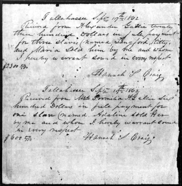 Receipts for the sale of slaves: Tallahassee (September 19, 1862)