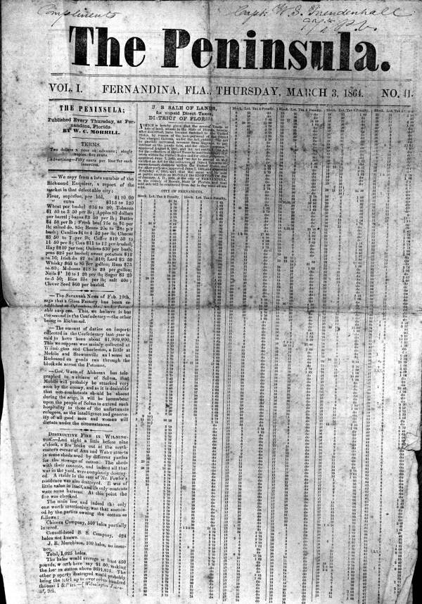 Front page of The Peninsula, March 3, 1864, list indicates property sold for failing to pay the Federal direct tax