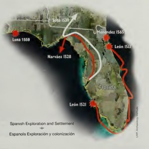 Map showing the routes and settlement sites of Spanish explorers during the colonial era, including Hernando de Soto. From the Division of Historical Resources' booklet titled Florida Spanish Colonial Heritage Trail (2009).