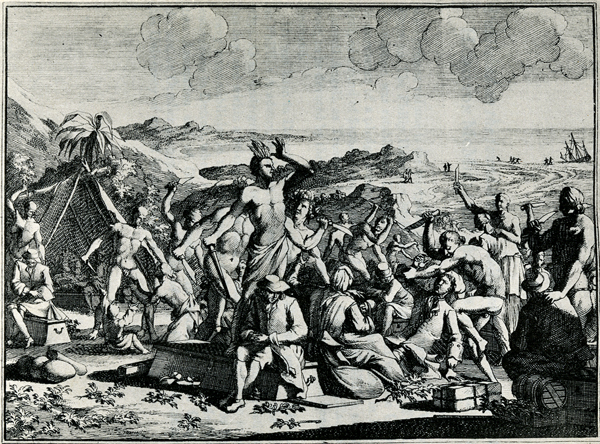 "The Florida Indians Capture the Shipwrecked Company," from Pieter van der Aa, Naaukeuirge Versameling der Gedenk-waardigste Zee en Landreysen na Oost en West-Indien (1707)