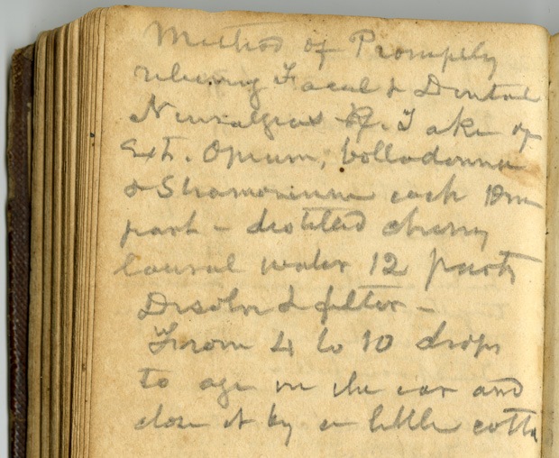 Page from the journal of physician Dr. John M.W. Davidson of Gadsden County, giving a recipe for a treatment for "facial and dental neuralgias," essentially toothaches. Davidson began keeping the journal in 1843. Click on the image for a full transcription.