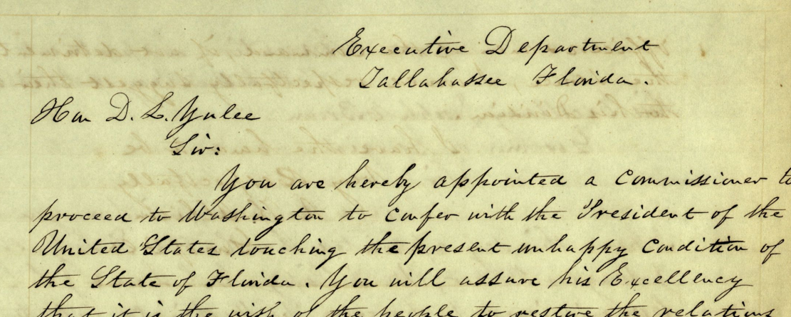 Letterbook Copy of David Levy Yulee's Commission from Governor Abraham K. Allison to Confer with President Andrew Johnson - May 12, 1865. Governors' Letterbooks (Series S32), State Archives of Florida. Click or tap the image to view the complete document and transcript.