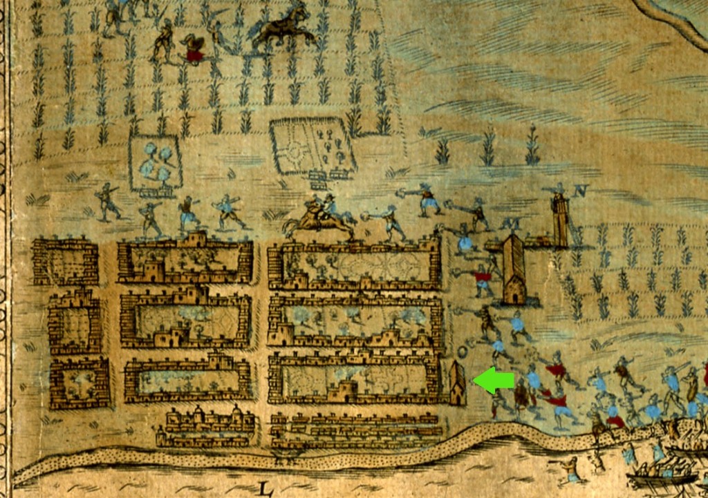 In this zoomed portion of the Boazio map, notice the location of the parish church, marked "O" in the original and indicated with a green arrow.