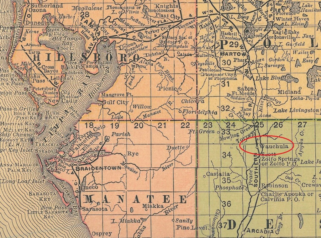 Map from the 1890s showing the location of Wauchula between Fort Meade and Arcadia on the Florida Southern Railway (State Library of Florida). 