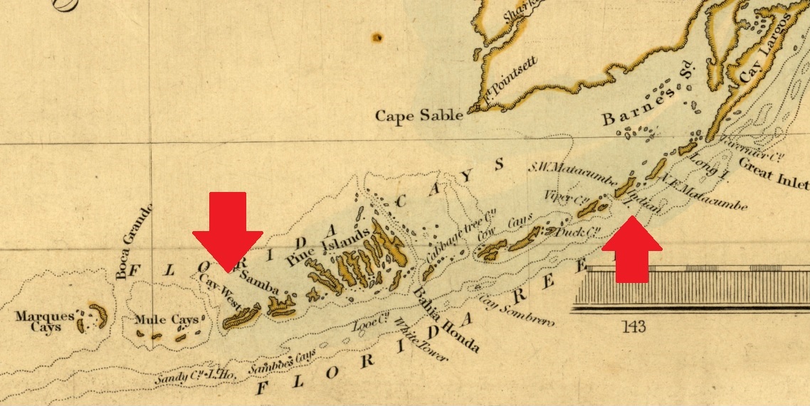 Excerpt from an 1843 map of Florida drawn by Henry Schenk Tanner showing the relative locations of Key West and Indian Key. Click or tap the image to view a zoomable version of the complete map.