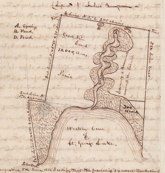 Excerpt of a map of Joseph M. Hernandez's claim to about 10,000 acres surrounding Salt Springs in what is now Marion County. Click or tap the image to view a larger, complete version of the map.