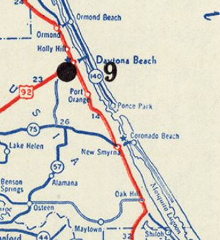 Excerpt of a 1946 state road map showing New Smyrna and Coronado Beach and Ormond and Ormond Beach as separate municipalities. The Ormond split is a slight misnomer; the 1929 legislative act creating the separate town of Ormond Beach never took full effect because it was contingent on a referendum that failed. The voters chose not to incorporate a separate town of Ormond Beach, but it still ended up on some maps. The town of Ormond finally settled the matter by changing its name to Ormond Beach in 1950. Click or tap the image to view a zoomable version of the complete map.