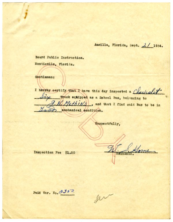 Inspection certificate for a Chevrolet Six truck modified to serve as a school bus in Jefferson County (1934). Click or tap the image to see a larger version.