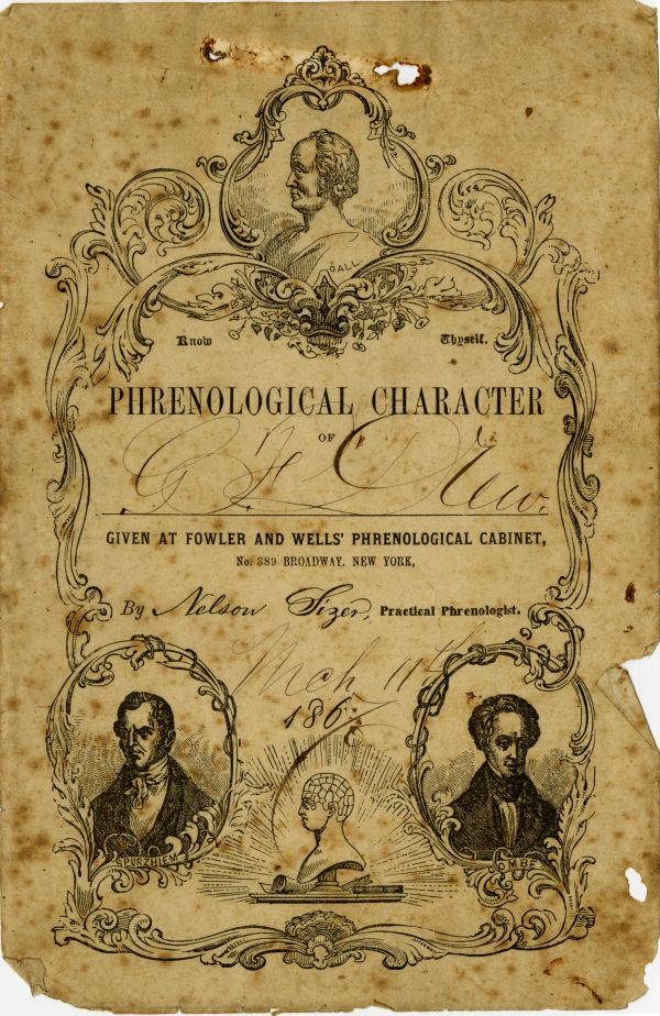 Cover of a phrenological character reading of George Franklin Drew, conducted by phrenologist Nelson Sizer on March 11, 1867 in New York City.