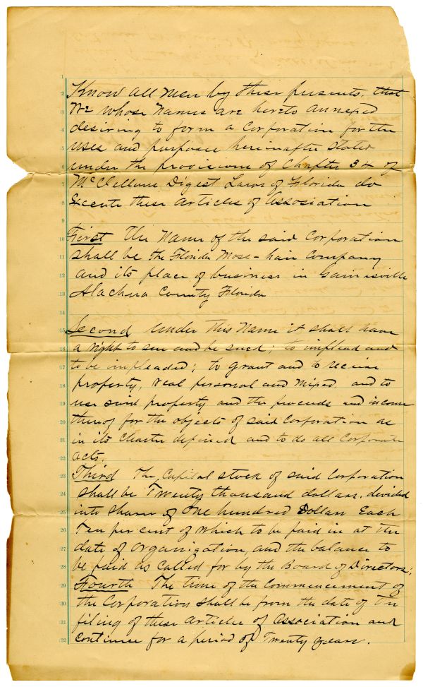 Articles of incorporation for the Florida Moss-Hair Company, based in Gainesville. From Box 192, Folder 612, Domestic Articles of Incorporation (Series S 186), State Archives of Florida.