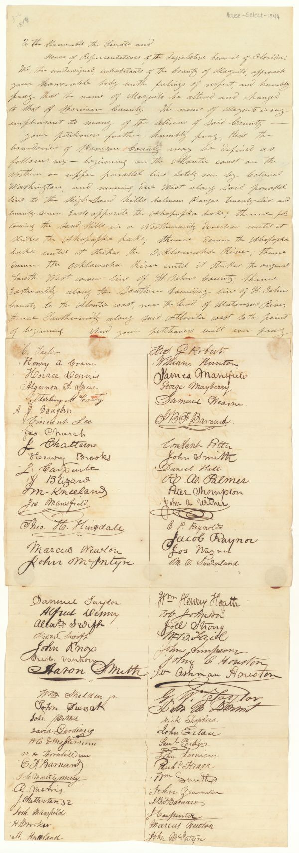 Petition signed by 73 citizens of Mosquito County, asking for the county to be renamed Harrison, and for the boundaries to be redefined (1844). Box 4, Folder 3, Records of the Territorial Legislative Council (Series S 877), State Archives of Florida. Click on the image to view a larger version of the complete petition and a transcript.