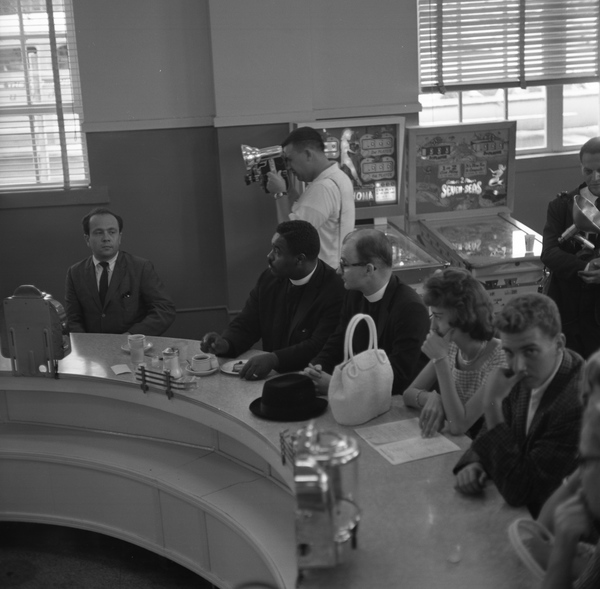 Rabbi Martin Freedman, Reverend George Leake and Reverend Ralph Lord Roy (left to right) integrating the Greyhound Bus Station restaurant, June 15, 1961.