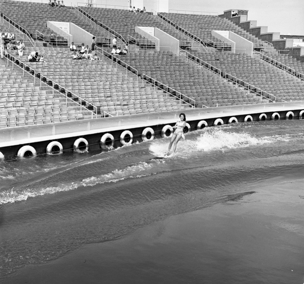 Miss Florida 1965 Carol Blum demonstrates her water skiing ability in the Florida aquadrome.