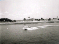 A couple riding on a motorboat running on the bay beside the fort - Saint Augustine, Florida.