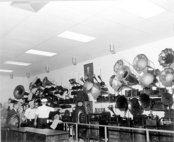 Visitors to the Ford-Edison Museum view Thomas Edison's vast collection of phonographs (1966).