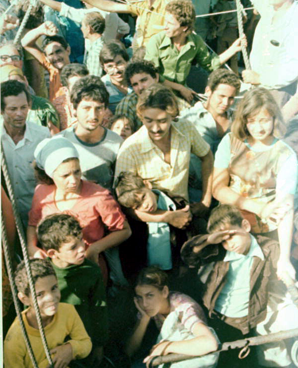 Cuban refugees on board boat during the Mariel Boatlift: Key West, Florida