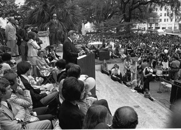 Governor Reubin Askew addresses an ERA rally on the capitol steps, 1978.