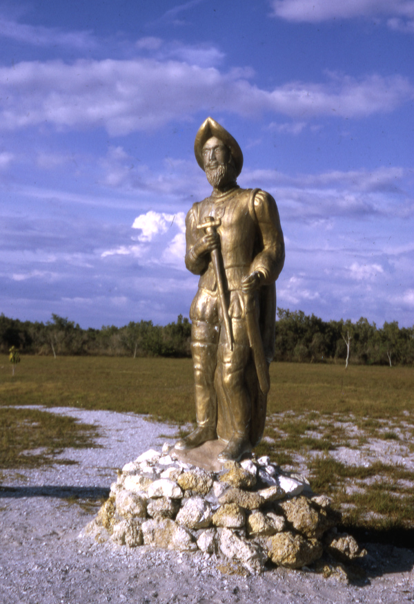 Statue of Juan Ponce de Leon near the historical marker in Punta Gorda commemorating his establishment of a colony near Charlotte Harbor (photo 1972). 