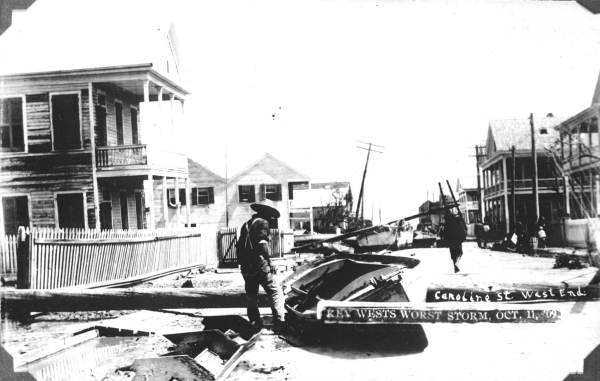 West end of Caroline Street in Key West after the 1909 hurricane.